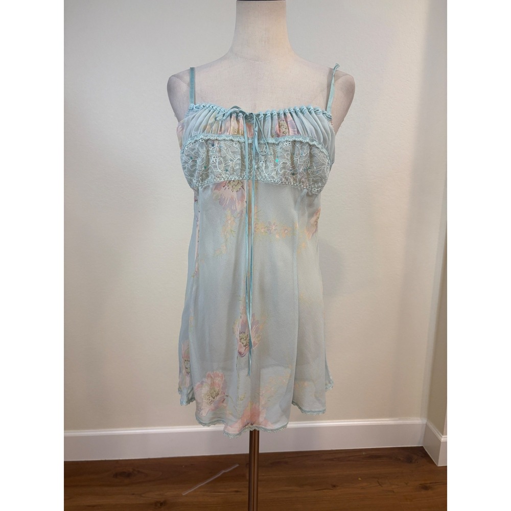 Vtg Victoria's‎ Secret Slip Dress L Blue Silk Milkmaid Beaded Coquette Ethereal